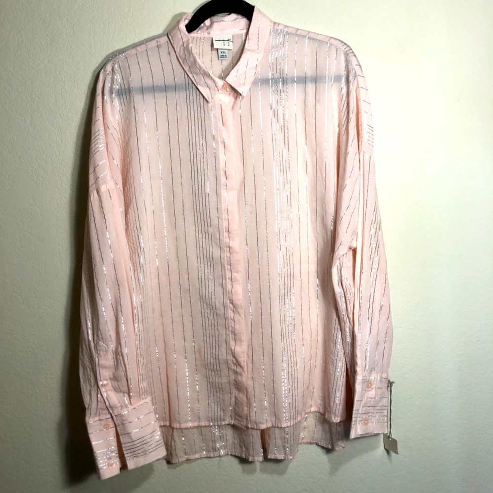 A New Day Pink Silver High Low Button Front Shirt